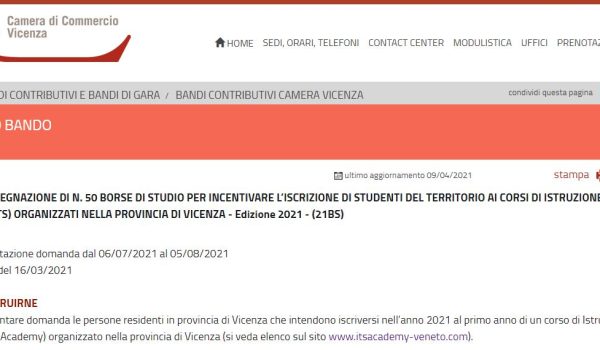 Bando CCIAA ITS Vicenza 2021